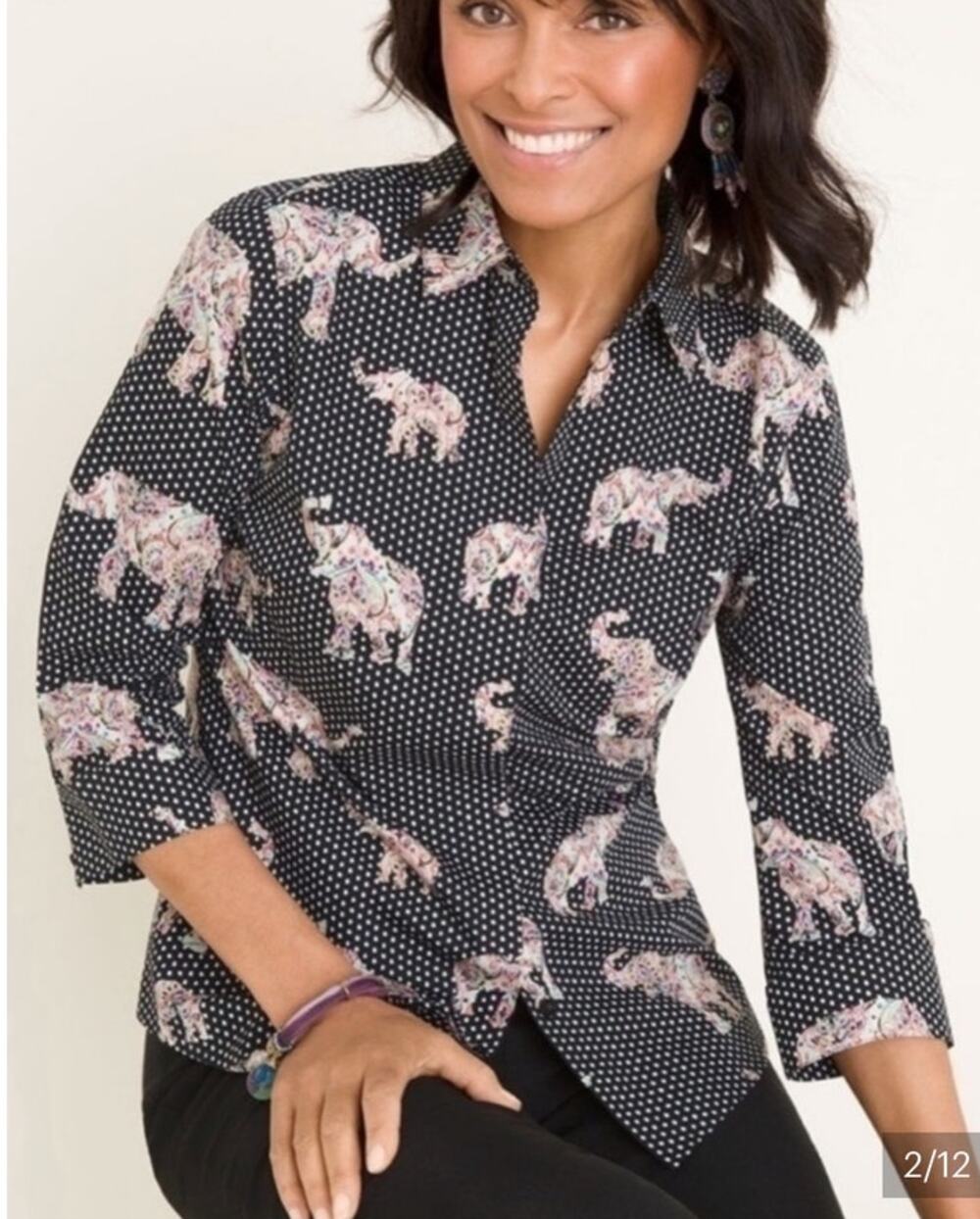 Chico's Elephant Print Polka Dot Shirt No-Iron Cotton Easy Stain Shield US 12/14